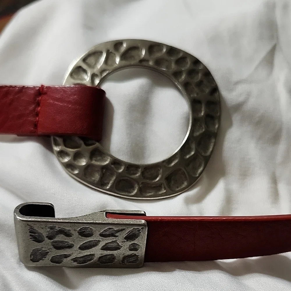 Chico's Silver Red Fashion Belt with Ornate Buckle